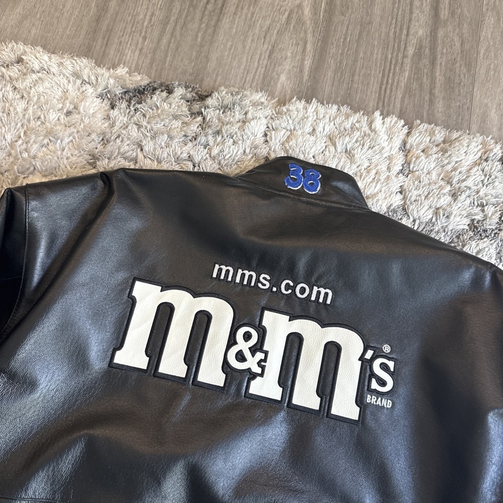 Vintage 90's JH Design M&M Black Leather Jacket Elliot Sadler #38 Men's Size XL - Picture 16 of 16